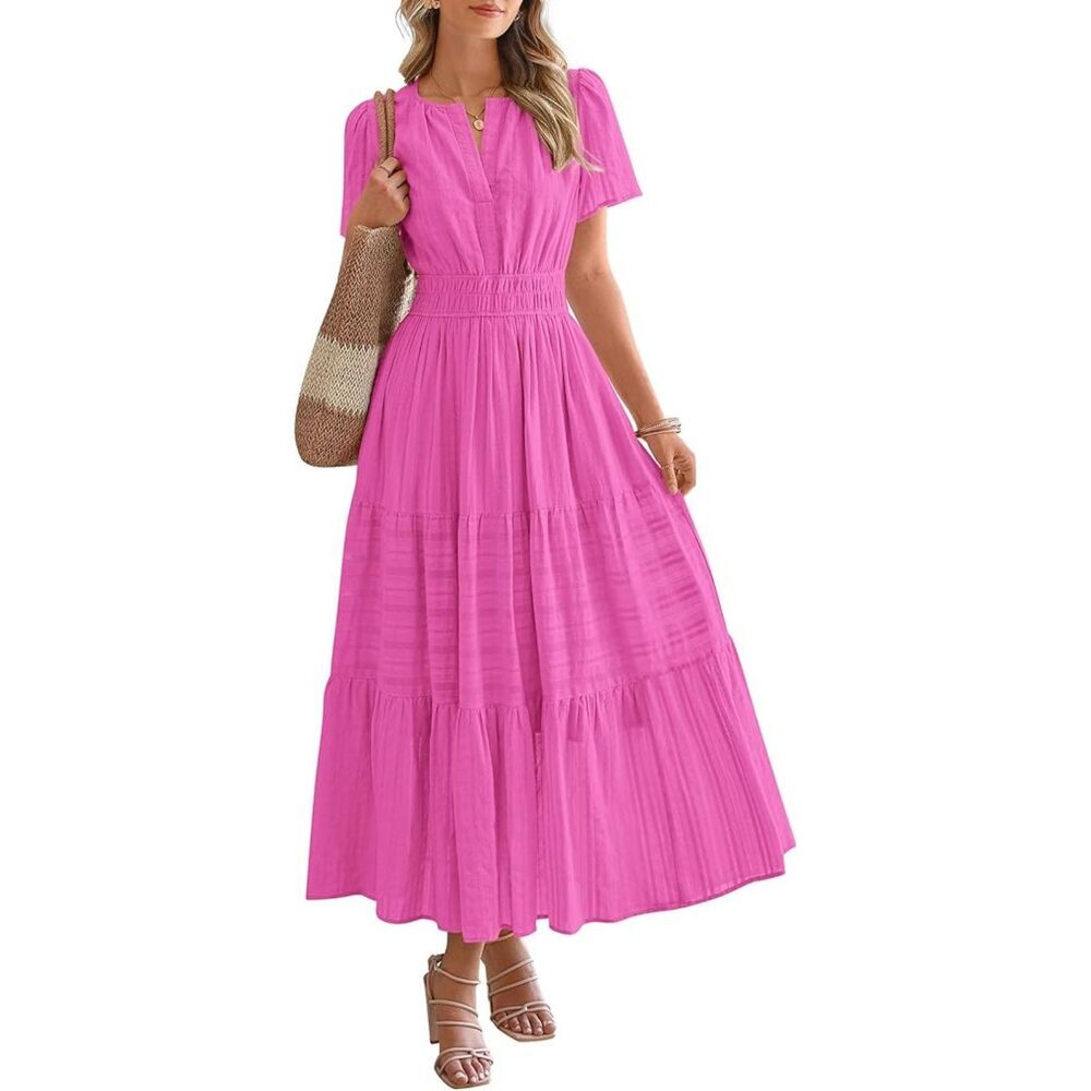Women's Rose Red V Neck Short Sleeve A Line Summer Casual Maxi Dress Pockets